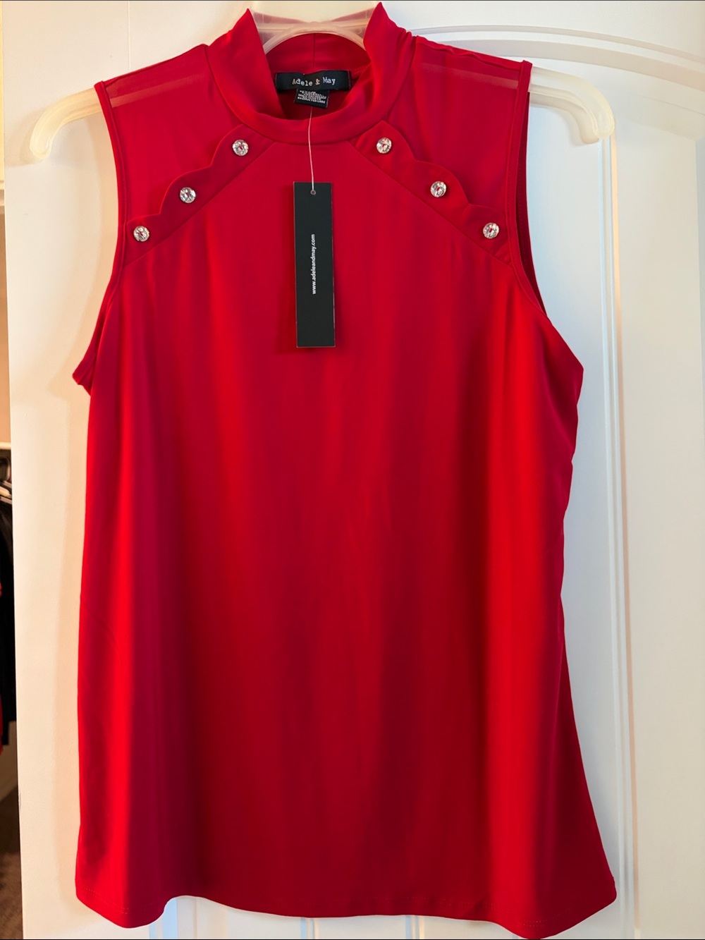 Adele & May Red Sleeveless Jewel-Button Mock Neck Top